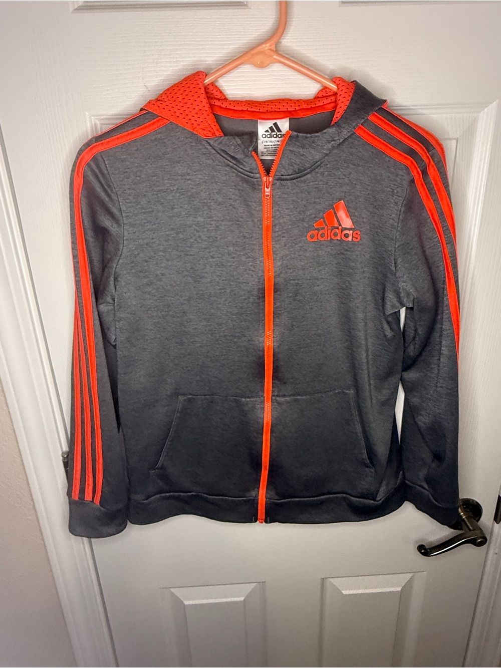 Adidas Gray & Neon Orange Zip Up Hoodie 3-Stripe Athletic Youth Size 14-16